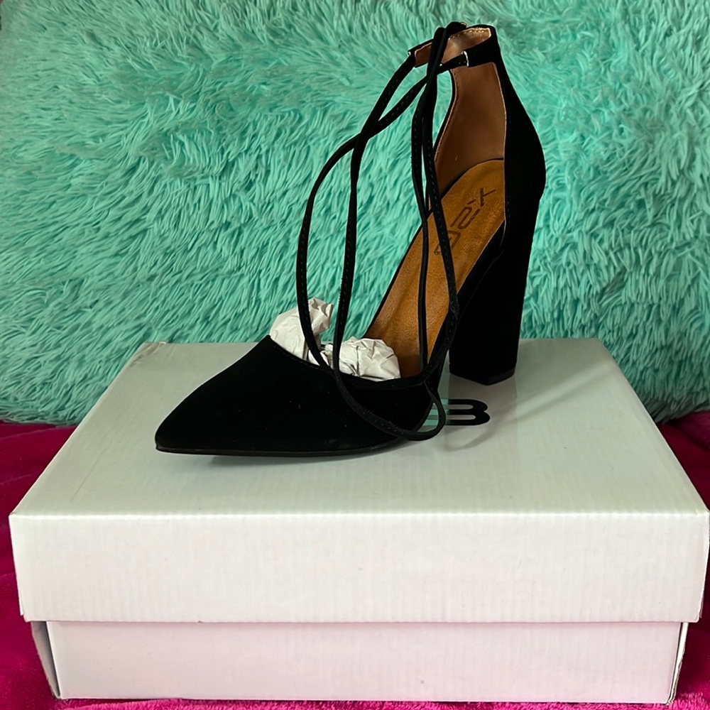 Black ankle strap pump heels